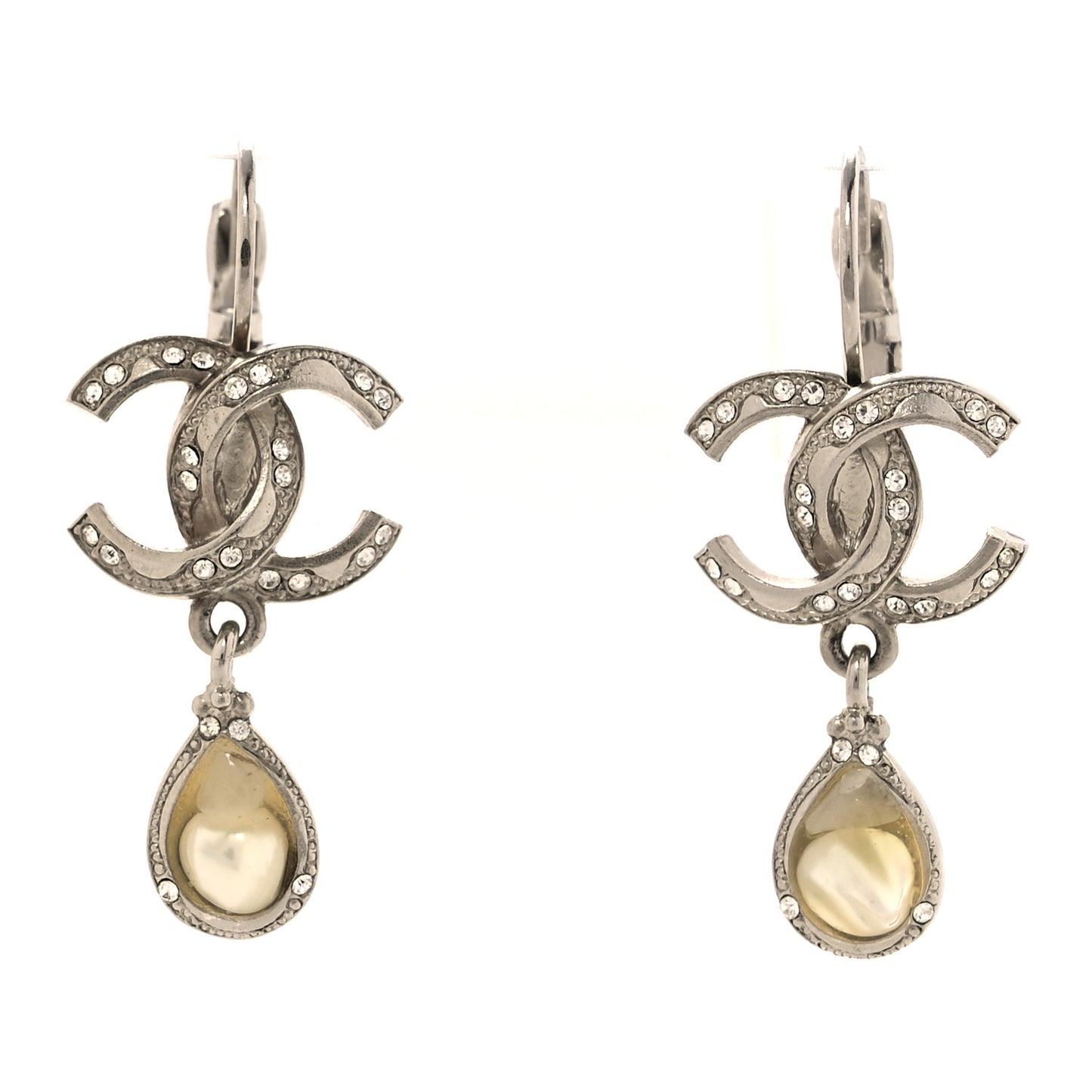 Pearl Crystal CC Drop Earrings Silver Pearly White