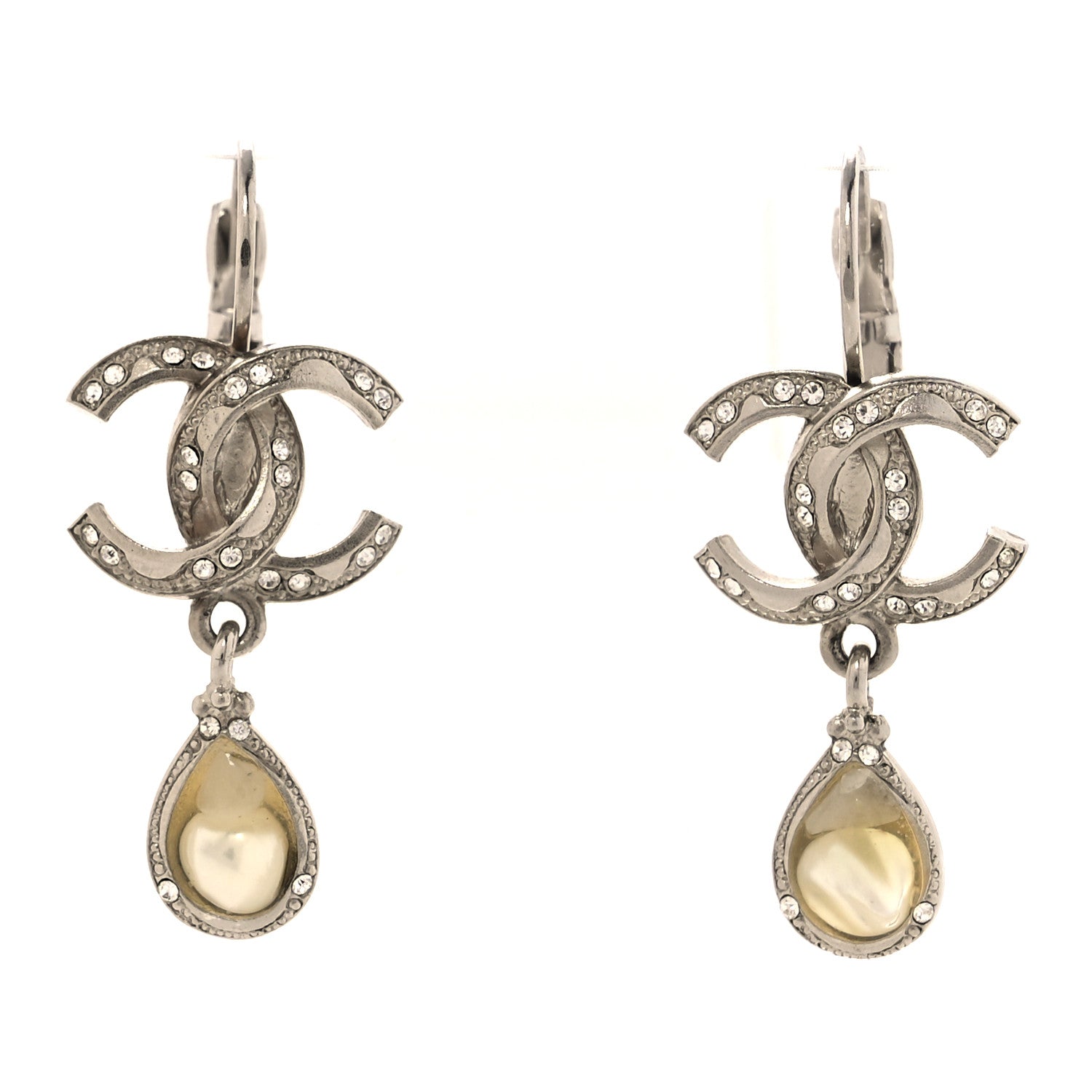 Chanel Pearl Crystal CC Drop Earrings Silver Pearly White 1 of 4