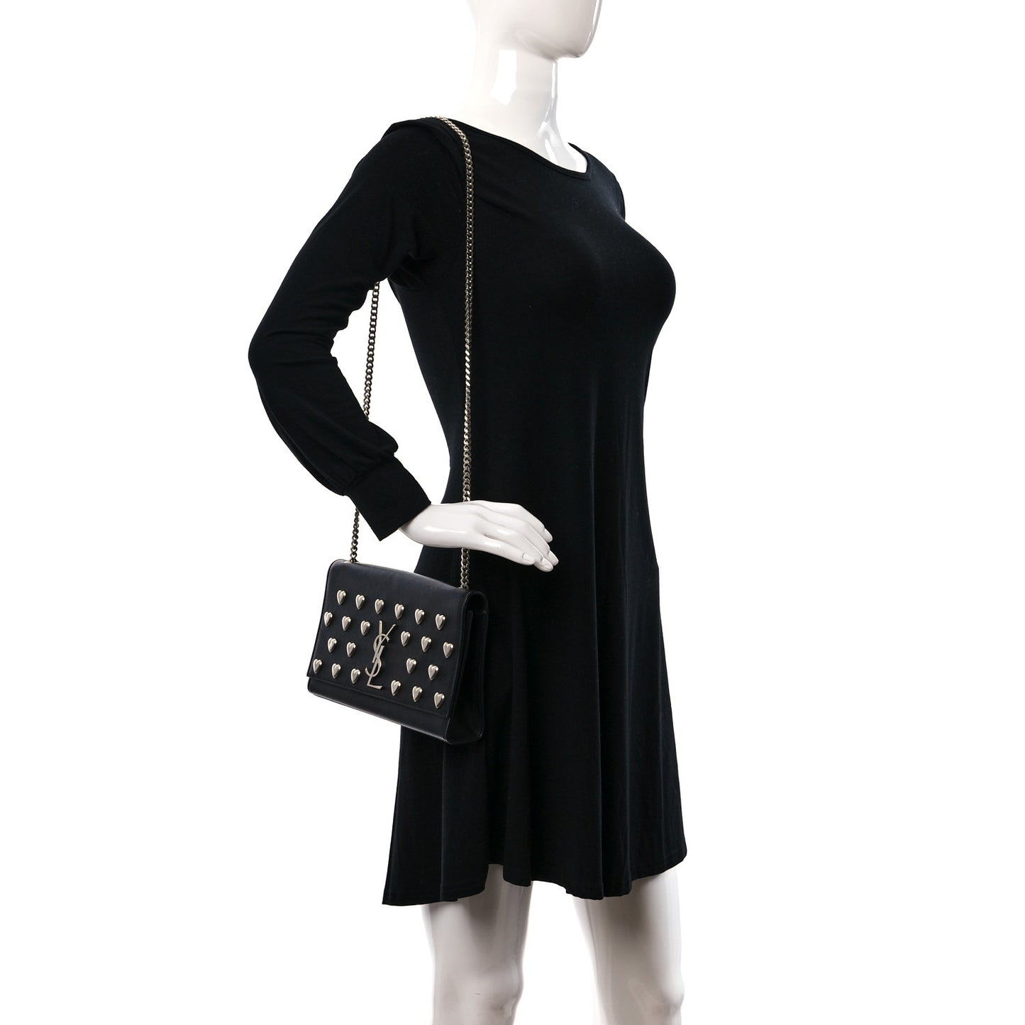 Calfskin Heart Studded Monogram Chain Wallet Black