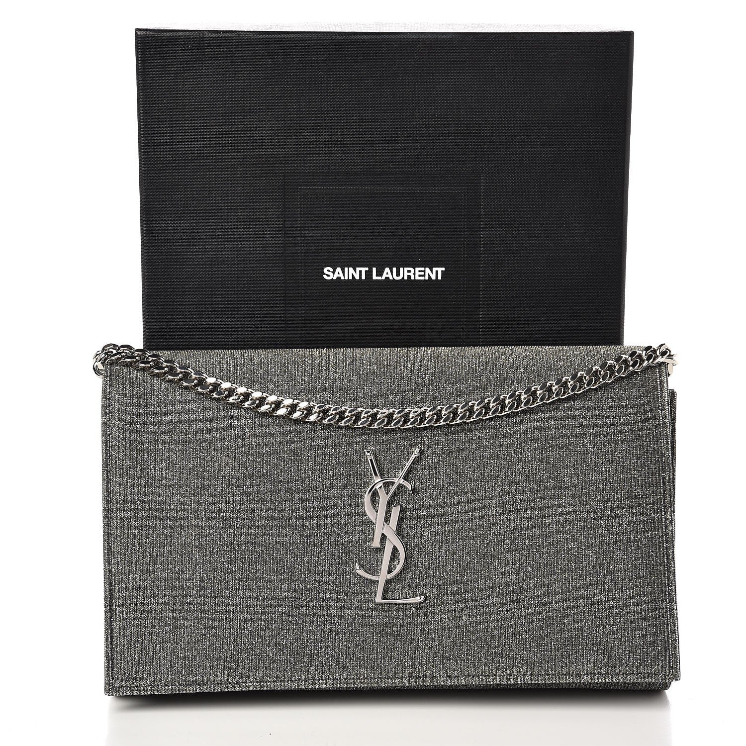 Saint Laurent Metallic Sparkle Fabric Monogram Chain Wallet Charcoal 7 of 7