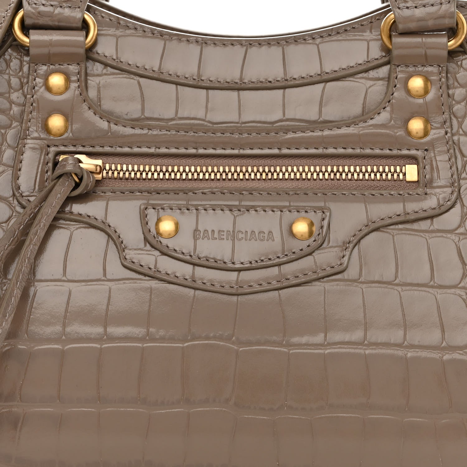 Balenciaga Shiny Supple Calfskin Crocodile Embossed Neo Classic Gold Hardware S City Mink Grey 9 of 13