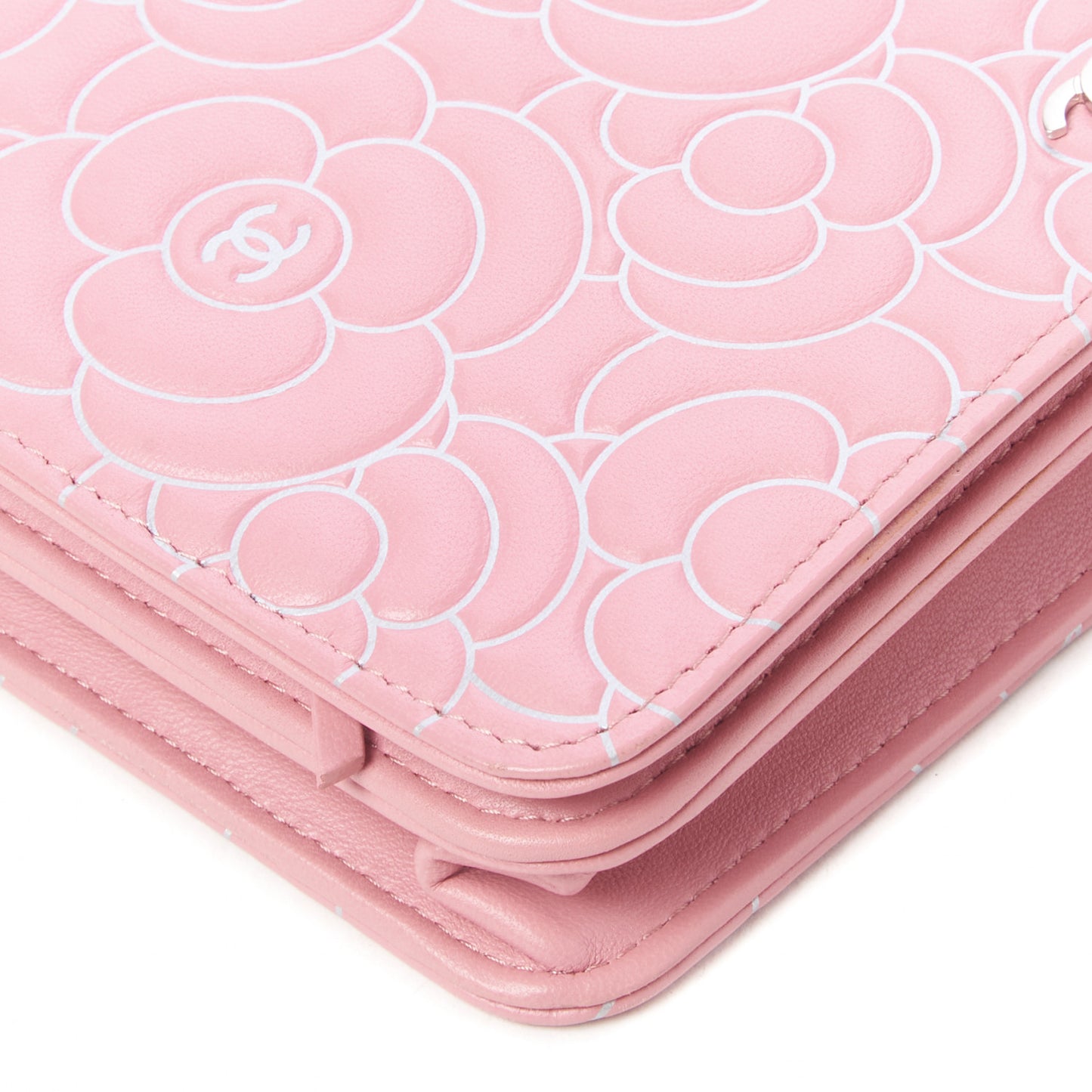 Lambskin Camellia Embossed Wallet On Chain WOC Pink
