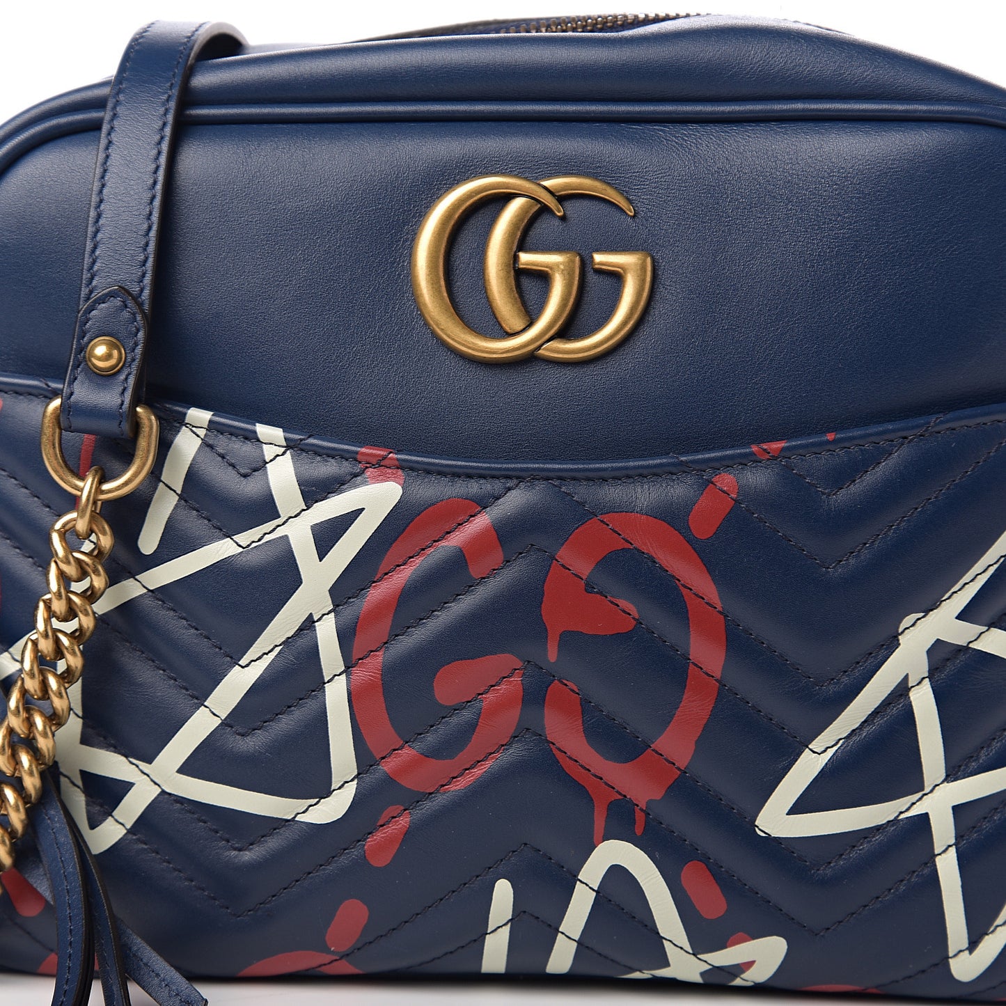 Calfskin Matelasse GucciGhost Medium GG Marmont Chain Shoulder Bag Blue Agata Hibiscus Red