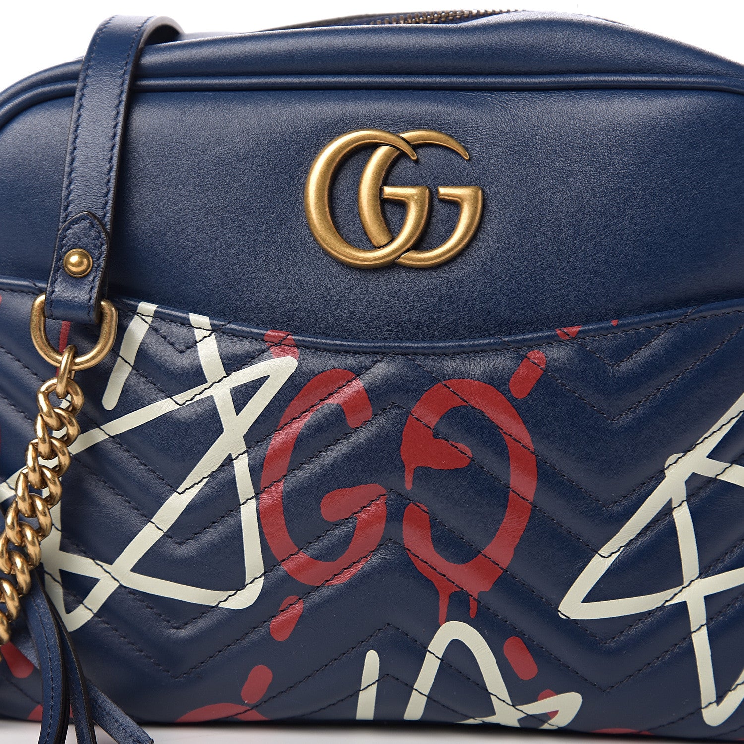 Gucci Calfskin Matelasse GucciGhost Medium GG Marmont Chain Shoulder Bag Blue Agata Hibiscus Red 7 of 9