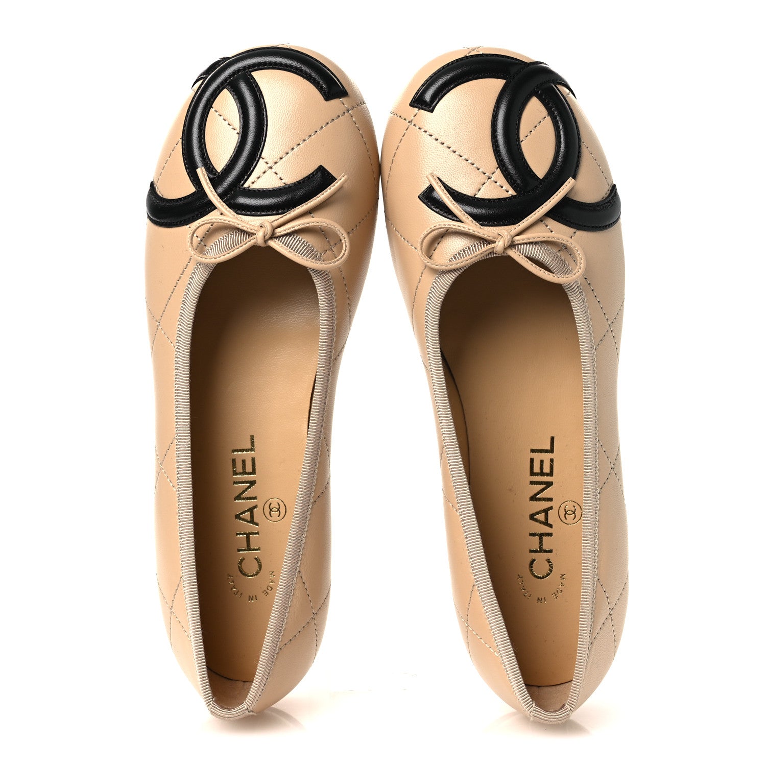 Chanel Lambskin Quilted CC Cambon Ballet Flats 38 Beige Black 2 of 11