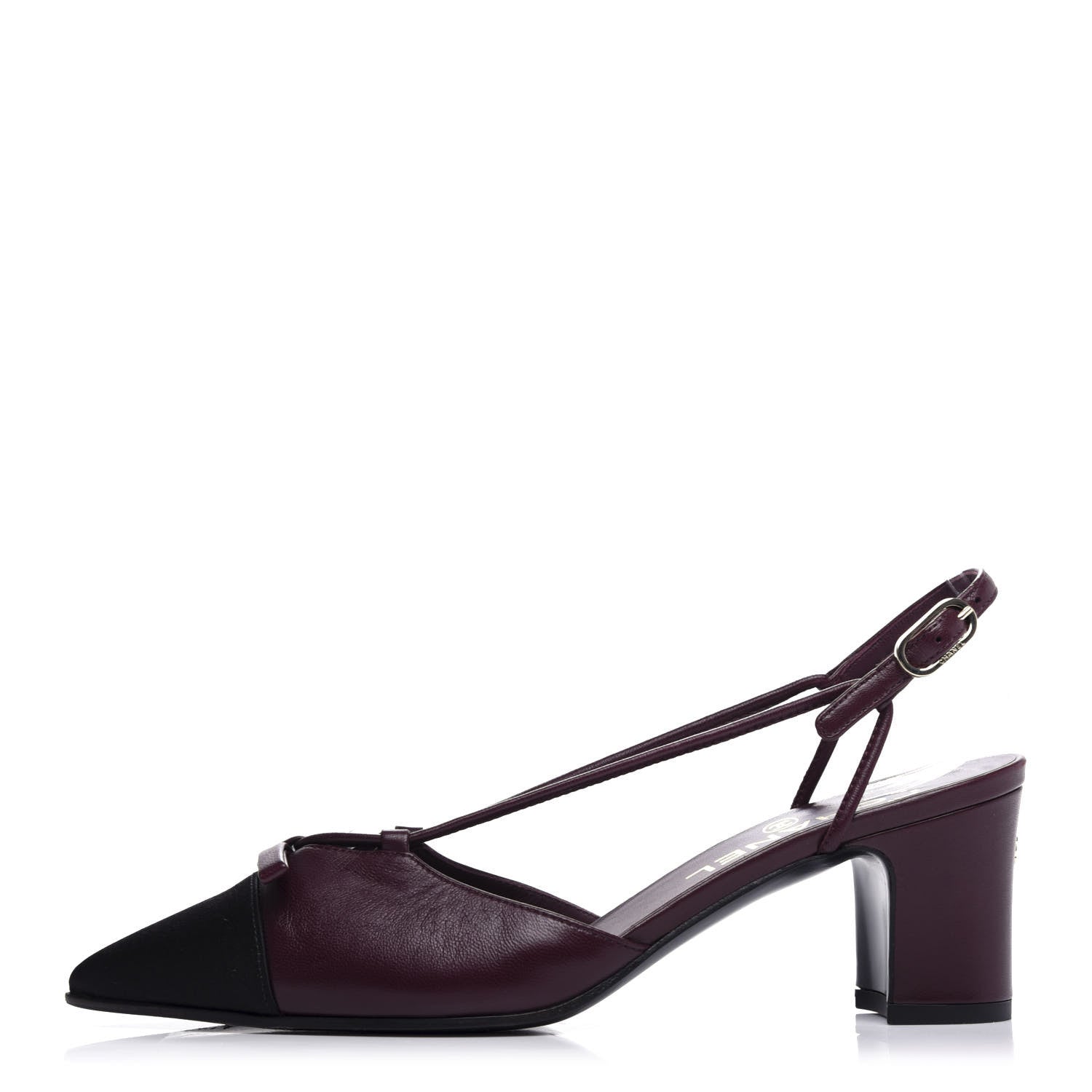 Chanel Lambskin Satin Slingback Cap Toe Bow Pumps 37 Burgundy Black 1 of 10