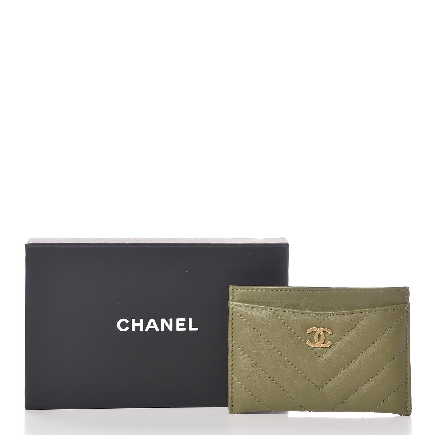 Chanel Calfskin Chevron Quilted Card Holder Khaki 9 of 9