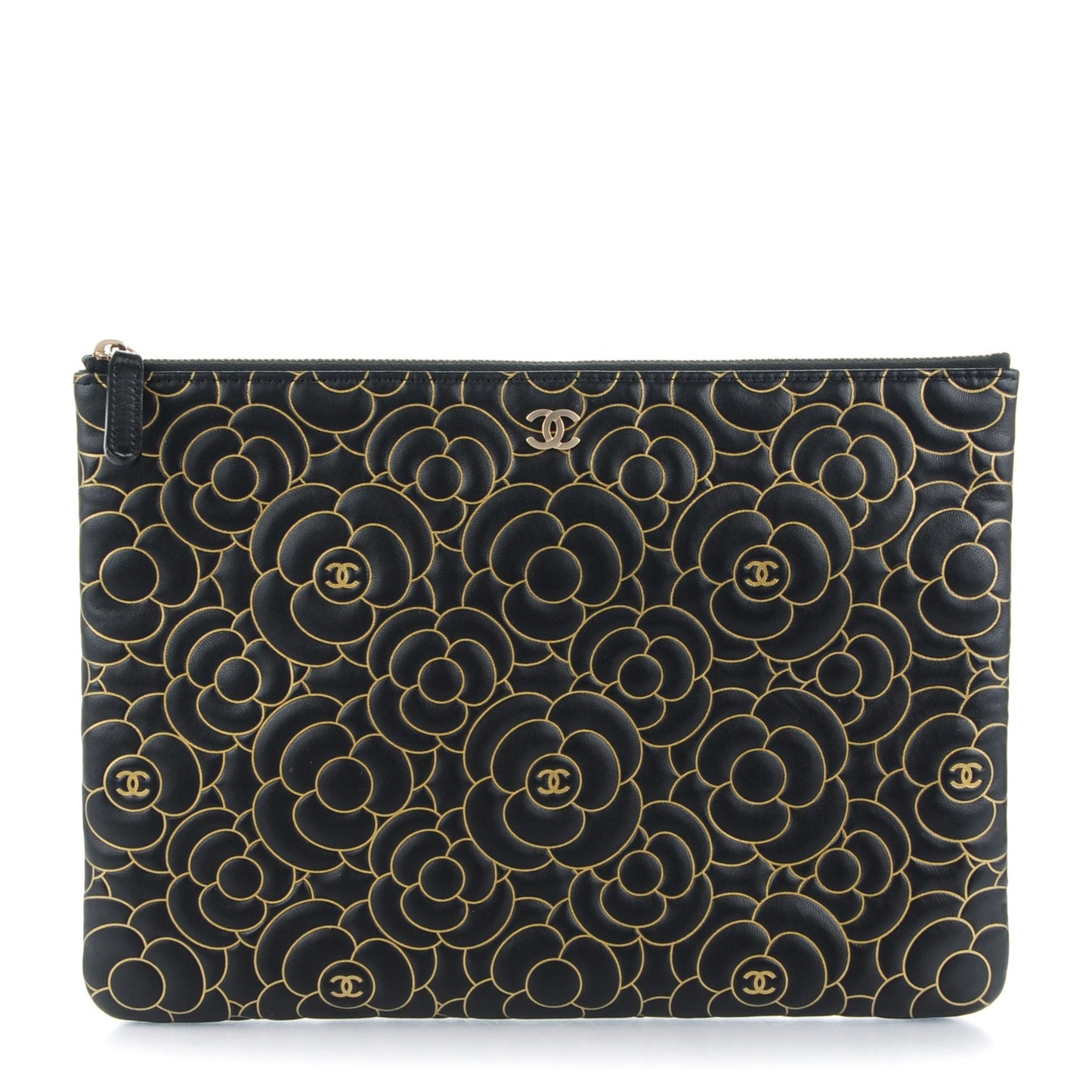 Lambskin Camellia Embossed Medium Cosmetic Case Black Gold