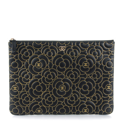 Chanel Lambskin Camellia Embossed Medium Cosmetic Case Black Gold 1 of 7