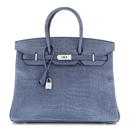 Hermes Matte Porosus Crocodile 18K White Gold Diamond Birkin 35 Bleu Brighton 1 of 26