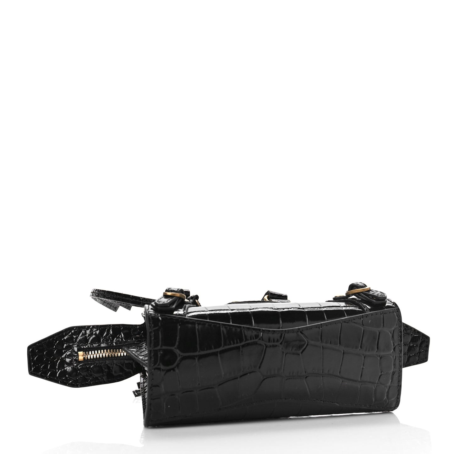 Shiny Supple Calfskin Crocodile Embossed Neo Classic Gold Hardware Nano City Crossbody Black
