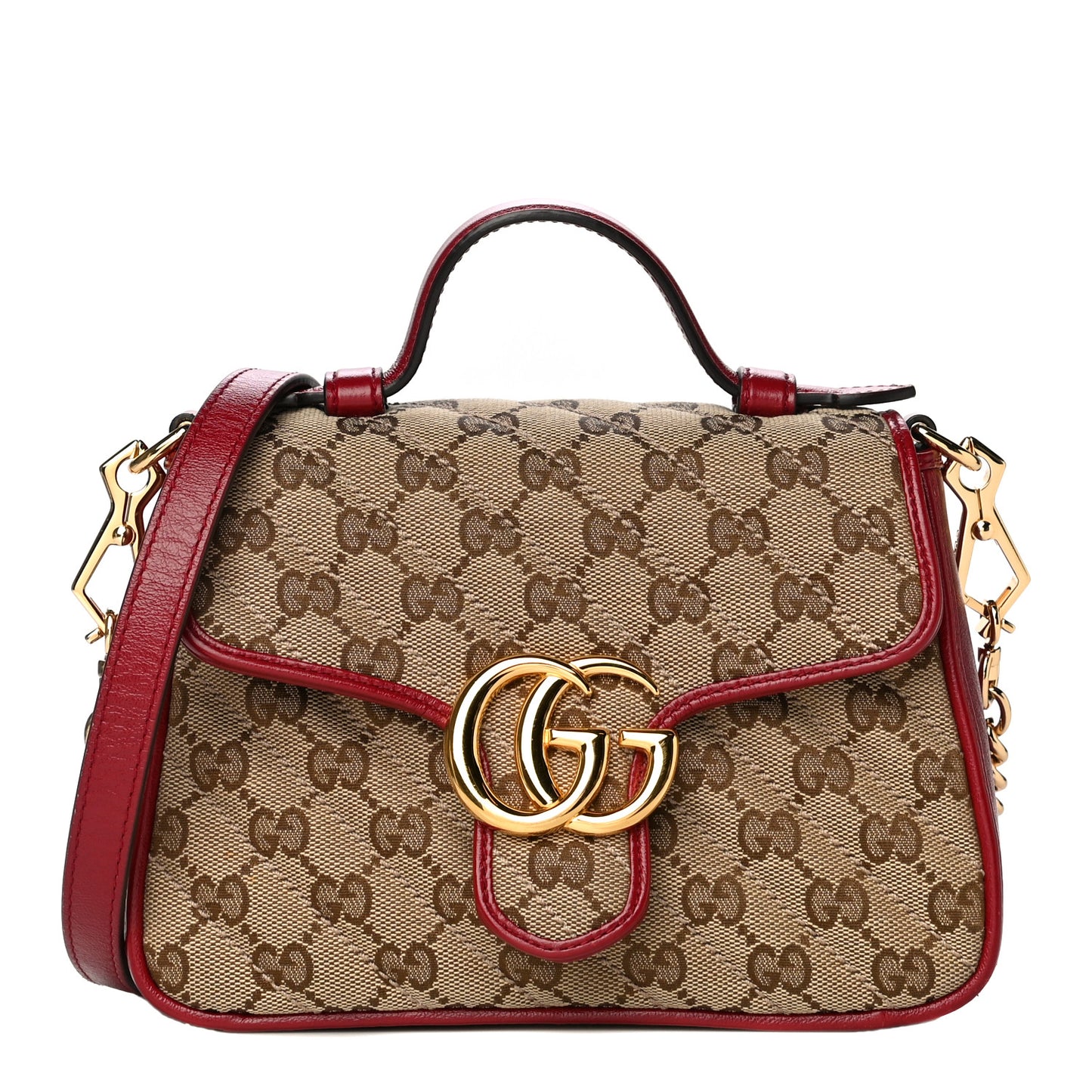 Monogram Glazed Calfskin Matelasse Diagonal Mini GG Marmont Top Handle Shoulder Bag Beige Ebony New Cherry Red