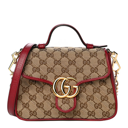 Gucci Monogram Glazed Calfskin Matelasse Diagonal Mini GG Marmont Top Handle Shoulder Bag Beige Ebony New Cherry Red 1 of 13