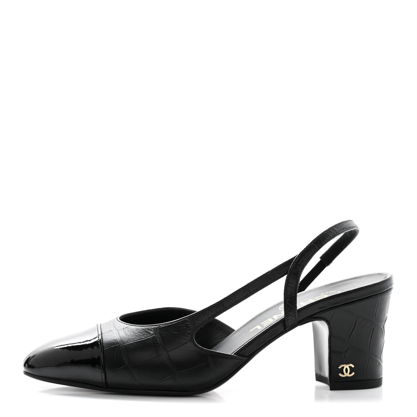 Calfskin Crocodile Embossed Patent Cap Toe CC Slingback Sandals 37.5 Black