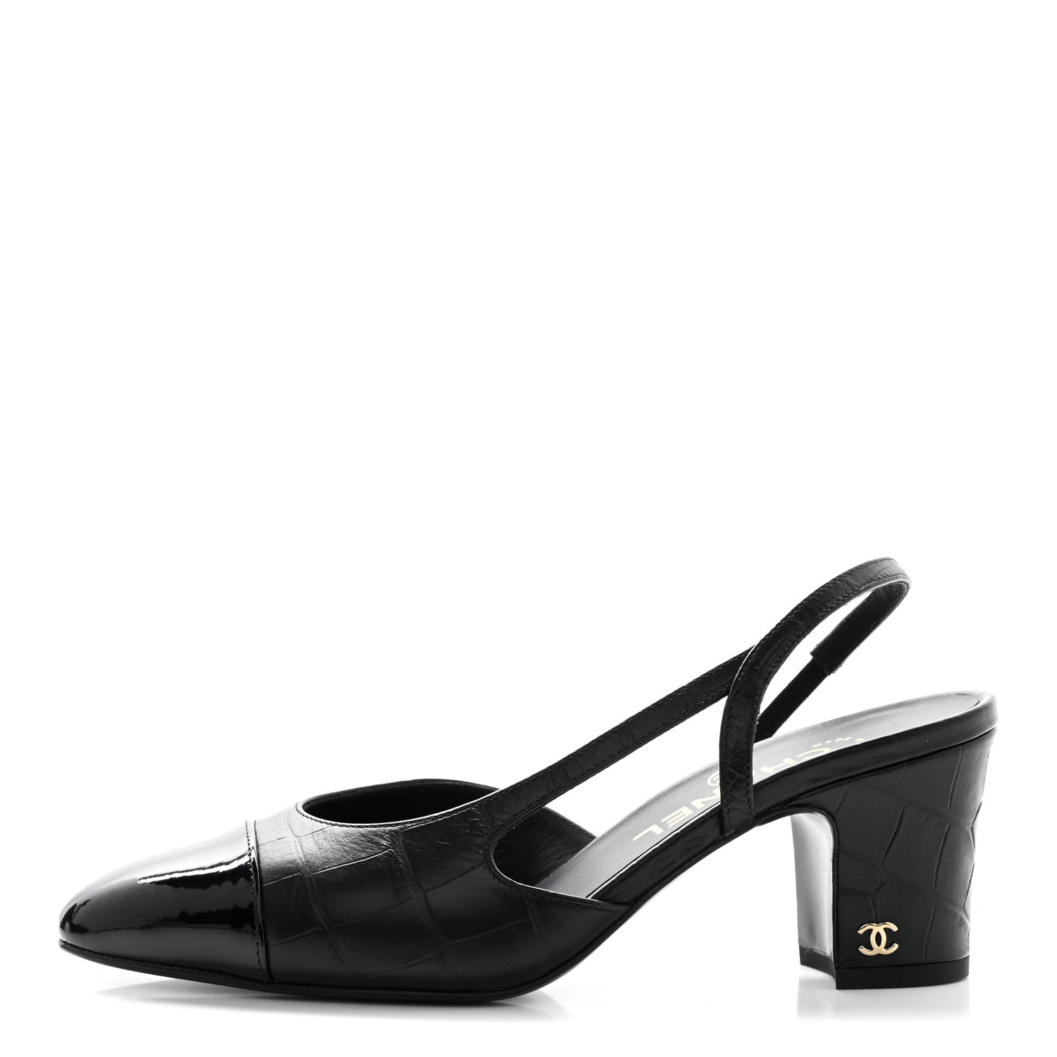 Chanel Calfskin Crocodile Embossed Patent Cap Toe CC Slingback Sandals 37.5 Black 1 of 9