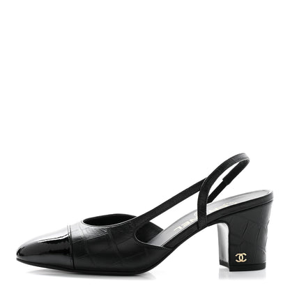 Chanel Calfskin Crocodile Embossed Patent Cap Toe CC Slingback Sandals 37.5 Black 1 of 9