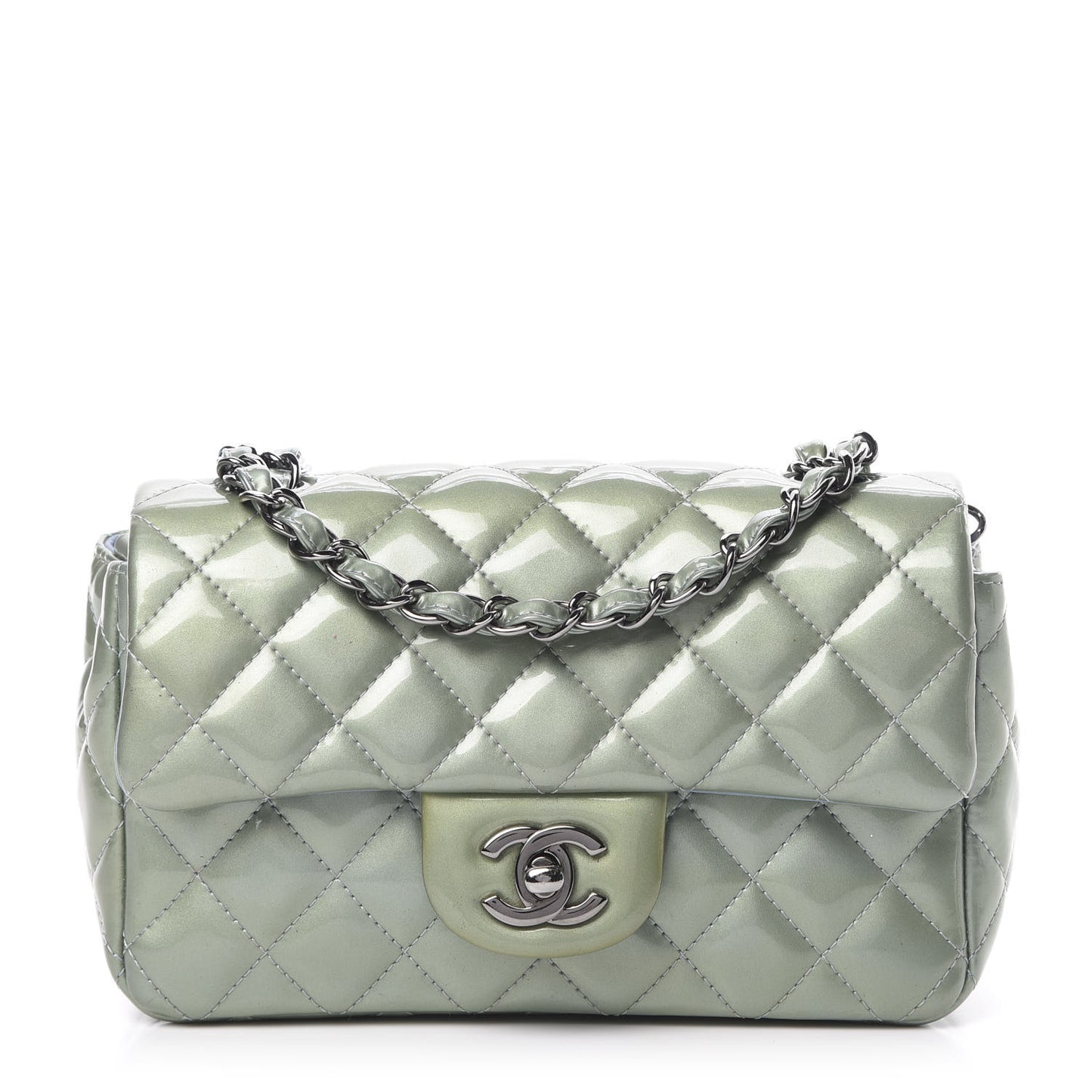 Patent Calfskin Quilted Mini Rectangular Flap Light Blue