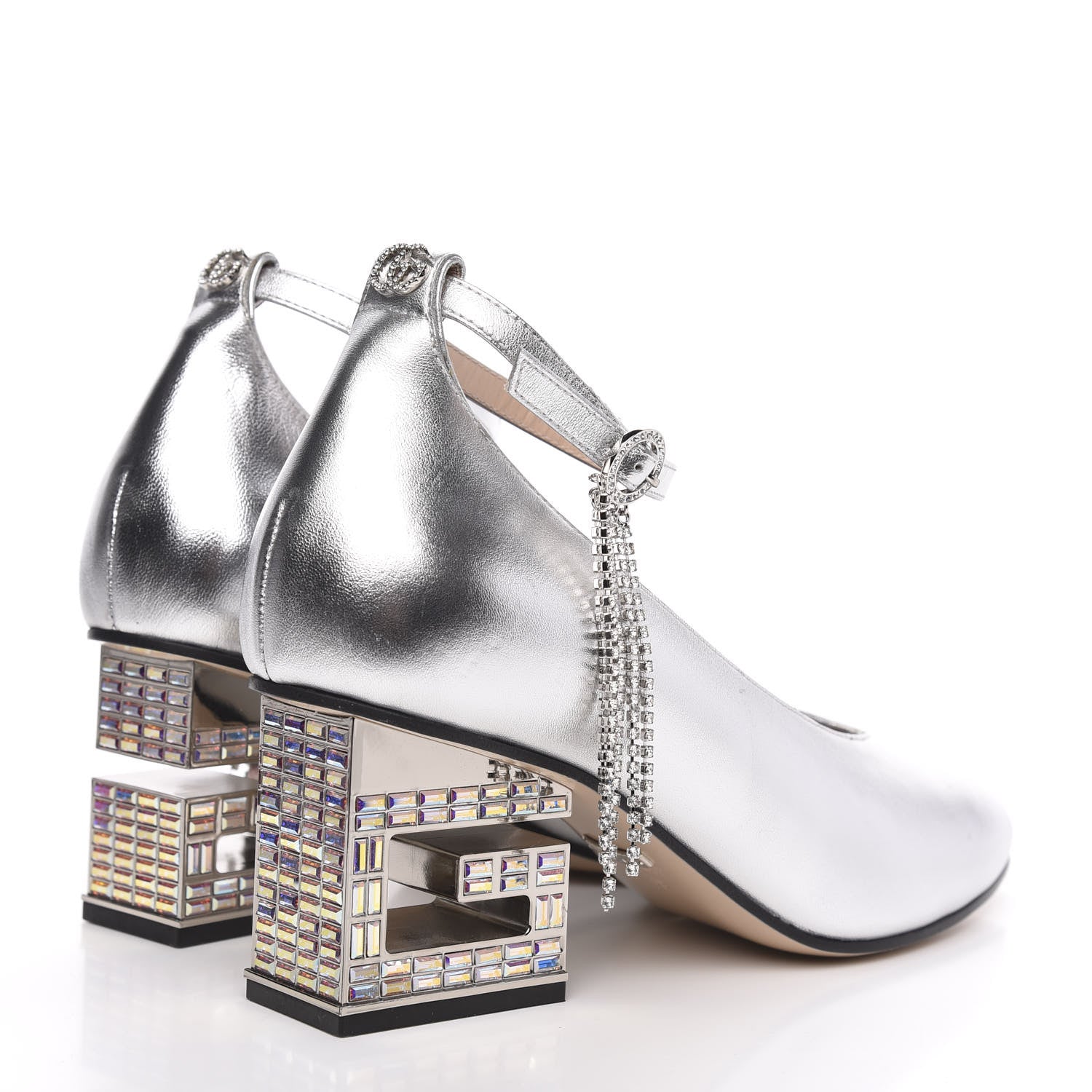Gucci Metallic Nappa Crystal Square G Mid Heel Pumps 39 Silver 4 of 9