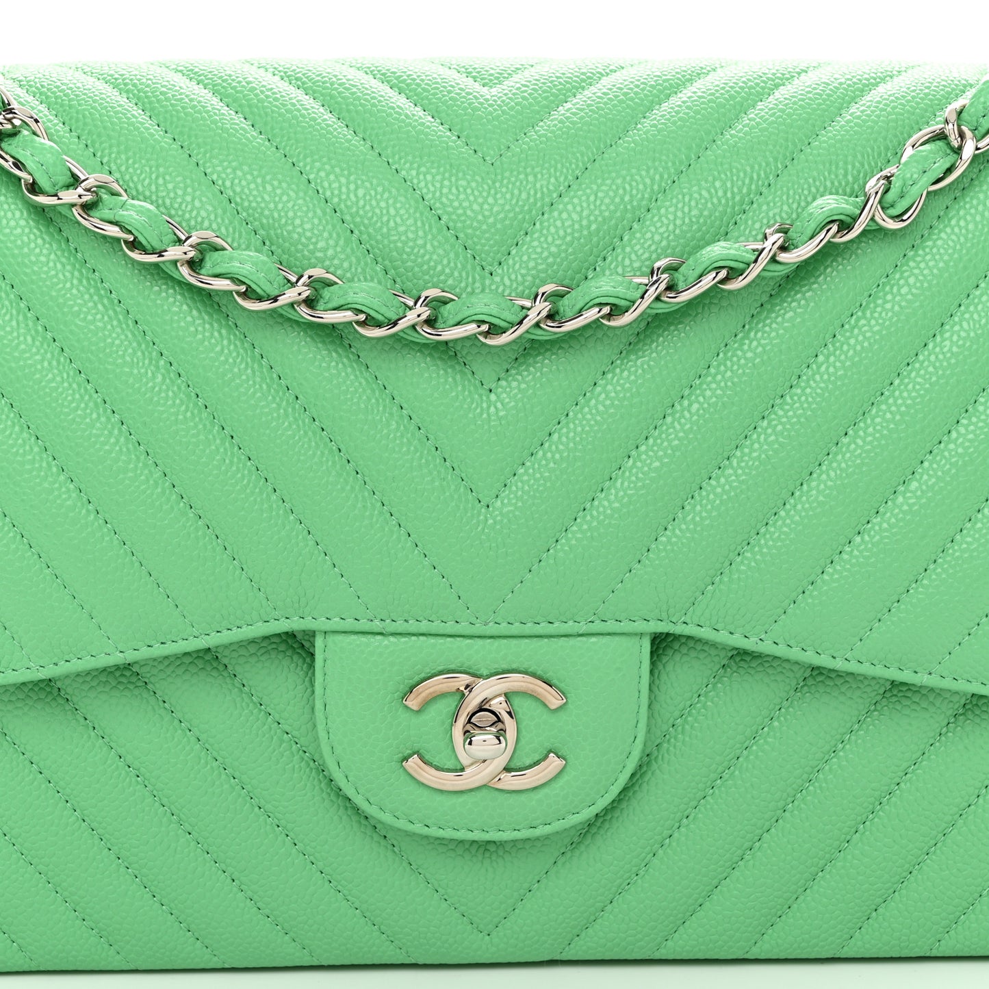 Caviar Chevron Quilted Jumbo Double Flap Green