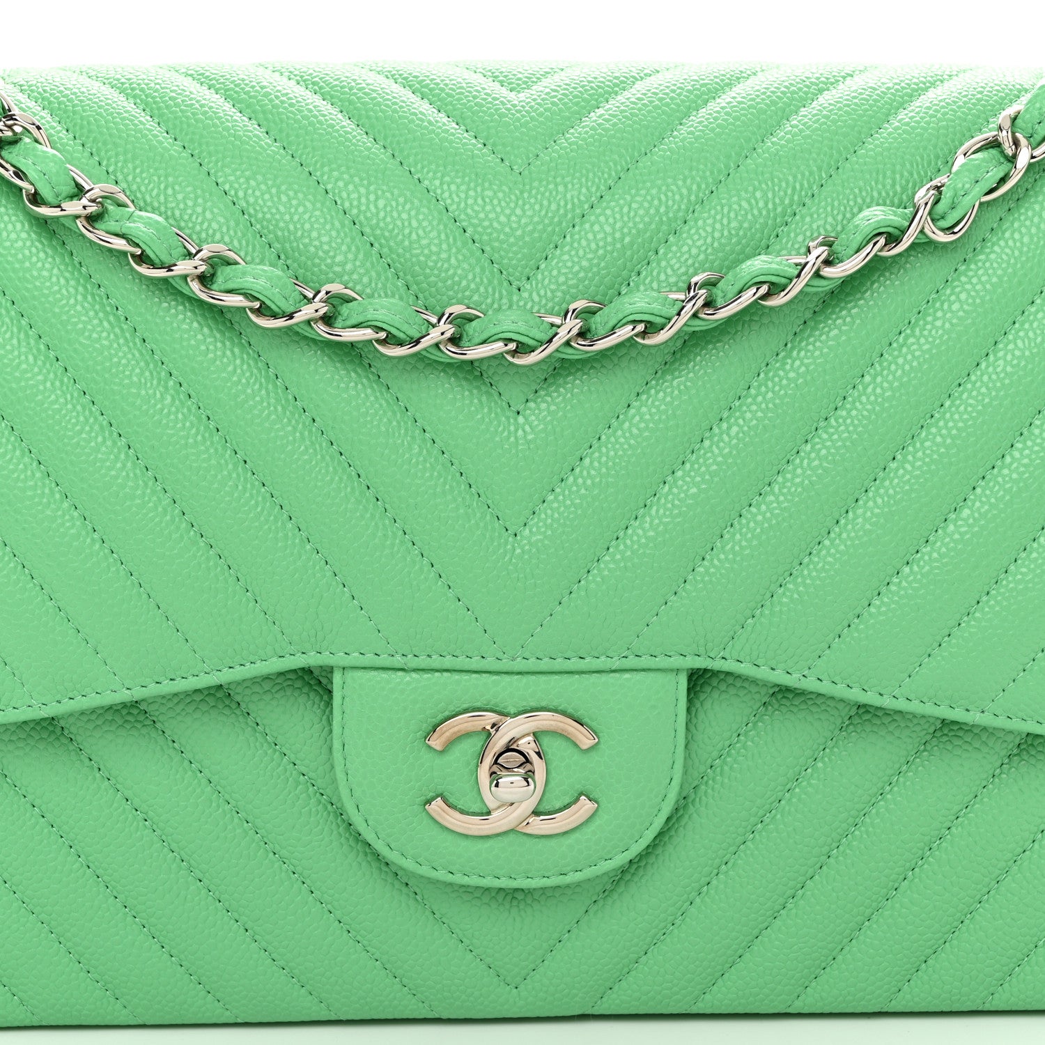 Chanel Caviar Chevron Quilted Jumbo Double Flap Green 8 of 11