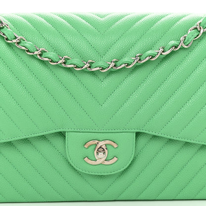 Chanel Caviar Chevron Quilted Jumbo Double Flap Green 8 of 11