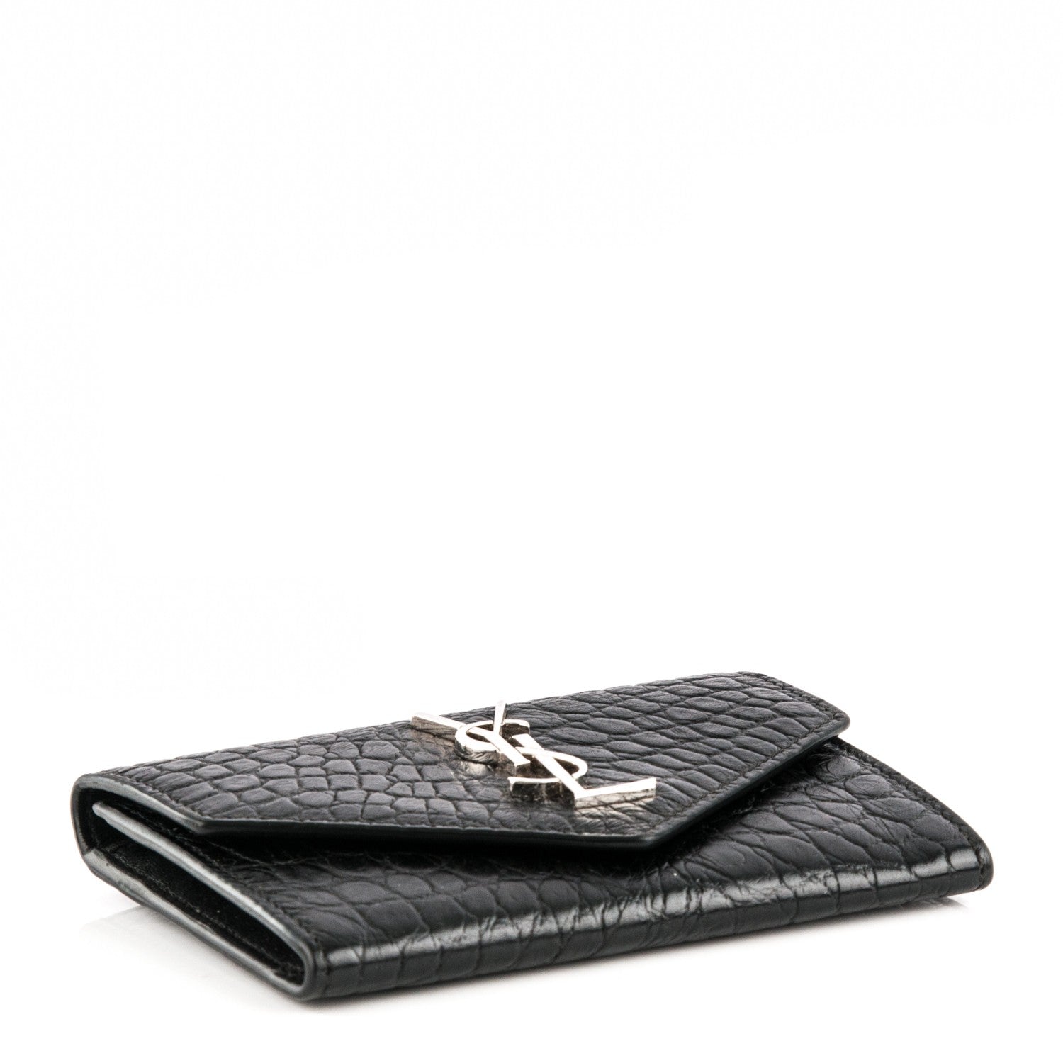 Saint Laurent Calfskin Crocodile Embossed Small Monogram Envelope Wallet Black 4 of 8
