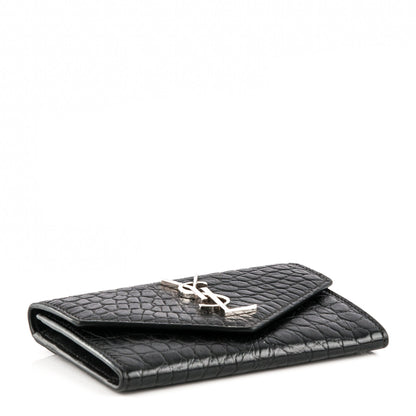 Saint Laurent Calfskin Crocodile Embossed Small Monogram Envelope Wallet Black 4 of 8