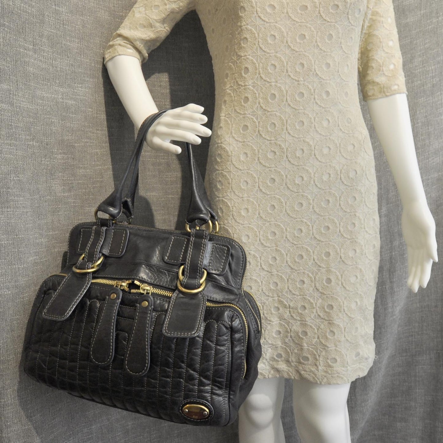 Leather Quilted Large Bay Tote Black