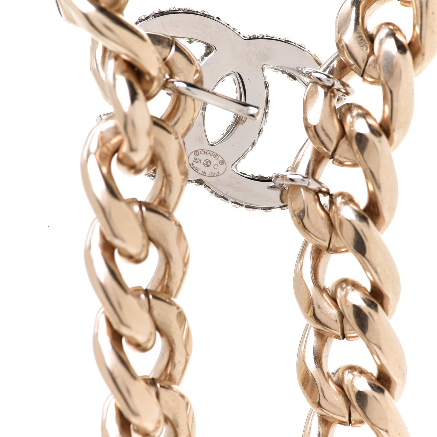 Chain Link Crystal CC Dog Tag Charm Necklace Gold