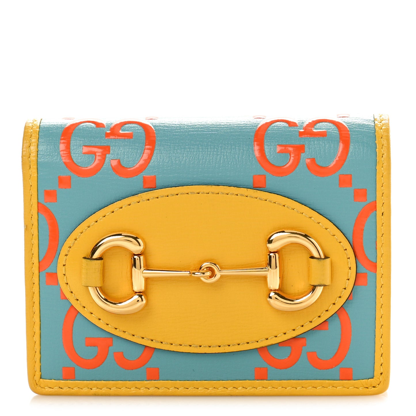 Azalea Calfskin GG Monogram Bi-Color Debossed Horsebit 1955 Card Case Wallet Dusty Azure Stone Topaz Deep Orange