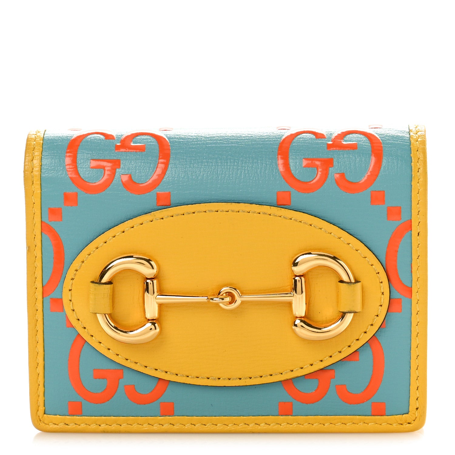 Gucci Azalea Calfskin GG Monogram Bi-Color Debossed Horsebit 1955 Card Case Wallet Dusty Azure Stone Topaz Deep Orange 1 of 8