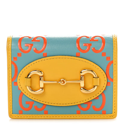 Gucci Azalea Calfskin GG Monogram Bi-Color Debossed Horsebit 1955 Card Case Wallet Dusty Azure Stone Topaz Deep Orange 1 of 8