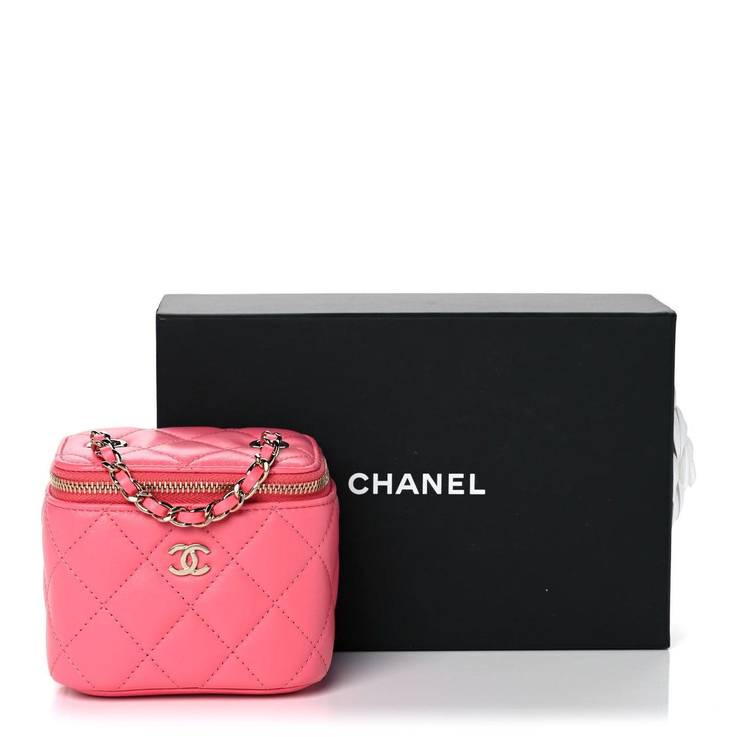 Lambskin Quilted Mini Vanity Case With Chain Dark Pink