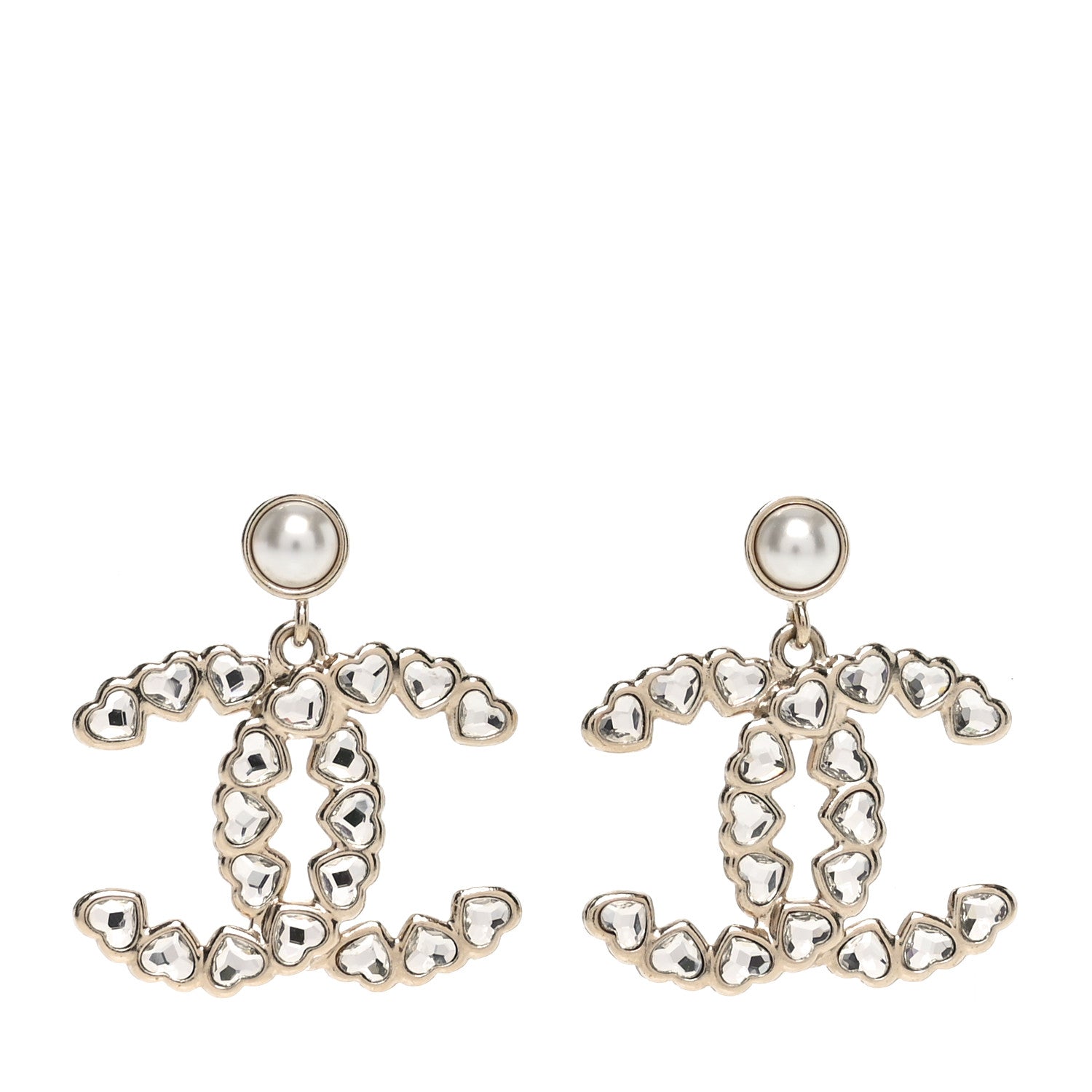 Chanel Pearl Crystal Heart CC Drop Earrings Gold 1 of 4