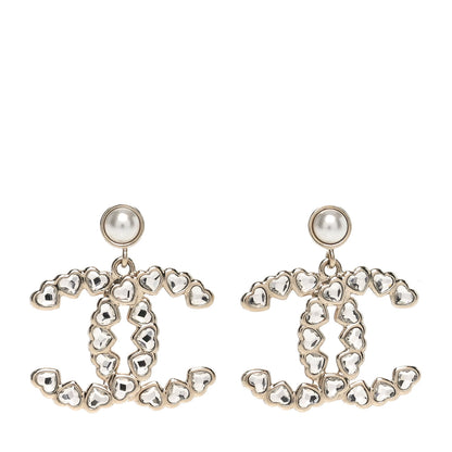 Chanel Pearl Crystal Heart CC Drop Earrings Gold 1 of 4