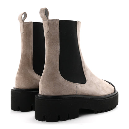 Chanel Suede Calfskin Grossgrain Cap Toe CC Ankle Boots 37 Light Grey Black 5 of 9