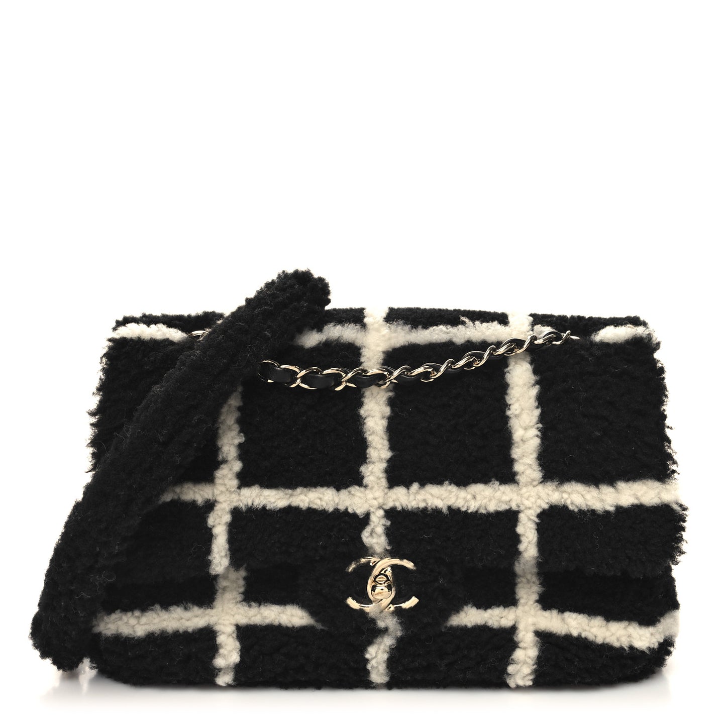Shearling Lambskin Large Fluffy Tartan Single Flap Black White