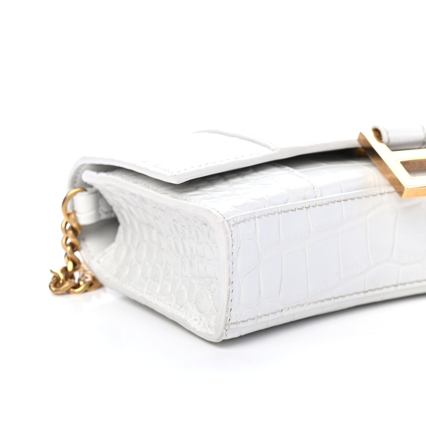 Shiny Calfskin Crocodile Embossed Hourglass Chain Bag White