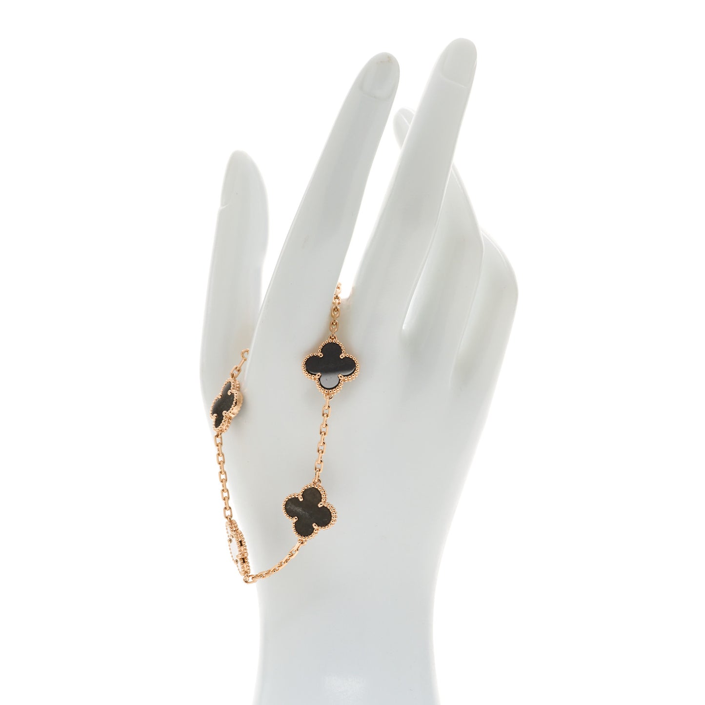 18K Rose Gold Silver Obsidian 5 Motifs Vintage Alhambra Bracelet