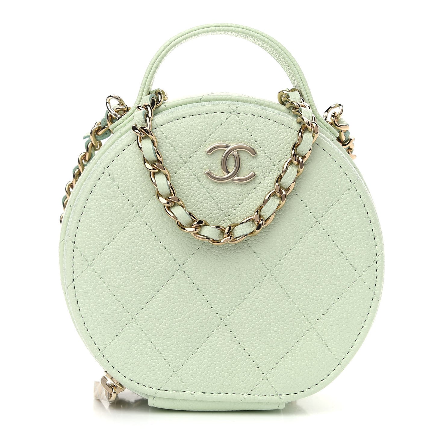 Caviar Quilted Round Handle With Care Vanity With Chain Light Green