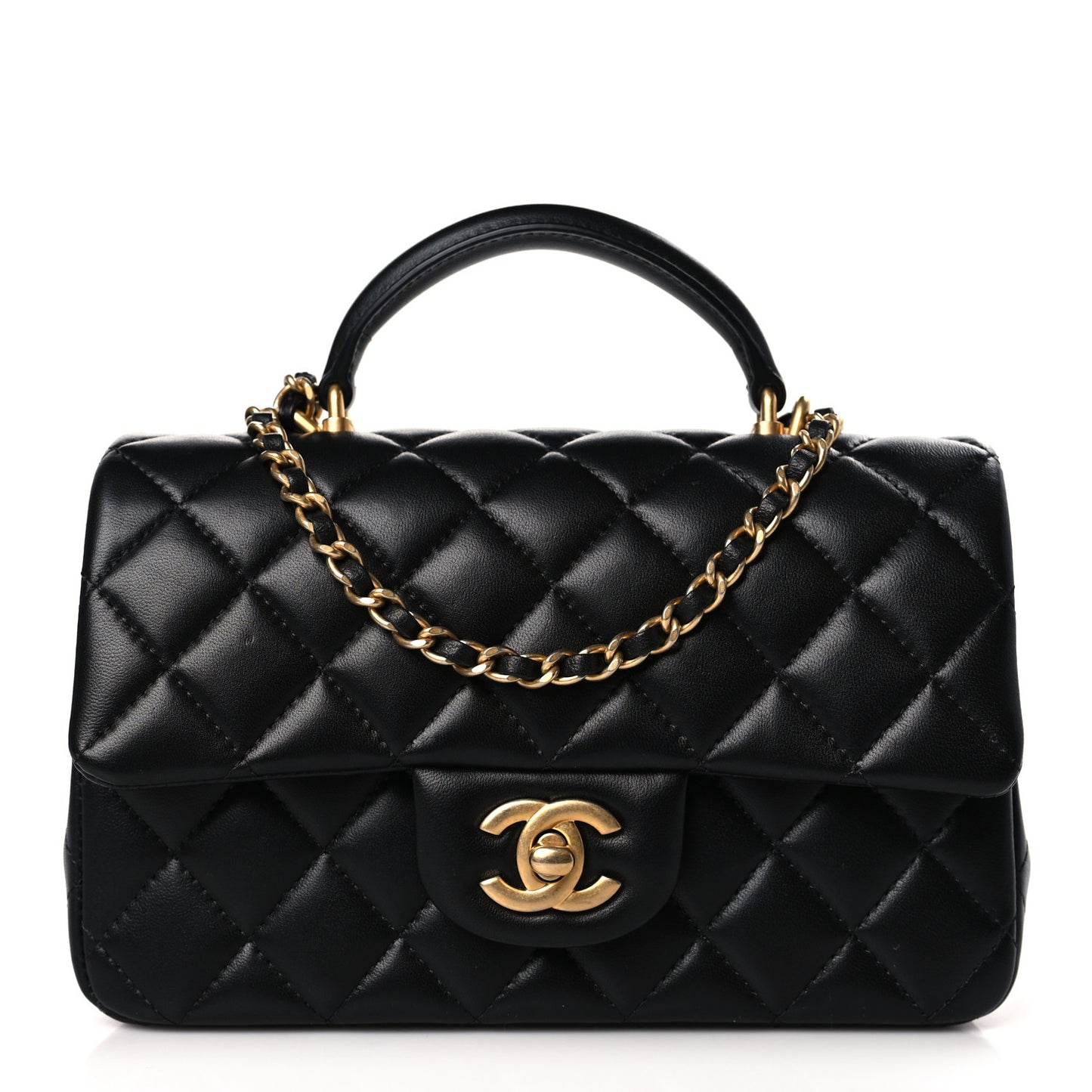 Lambskin Quilted Mini Top Handle Rectangular Flap Black