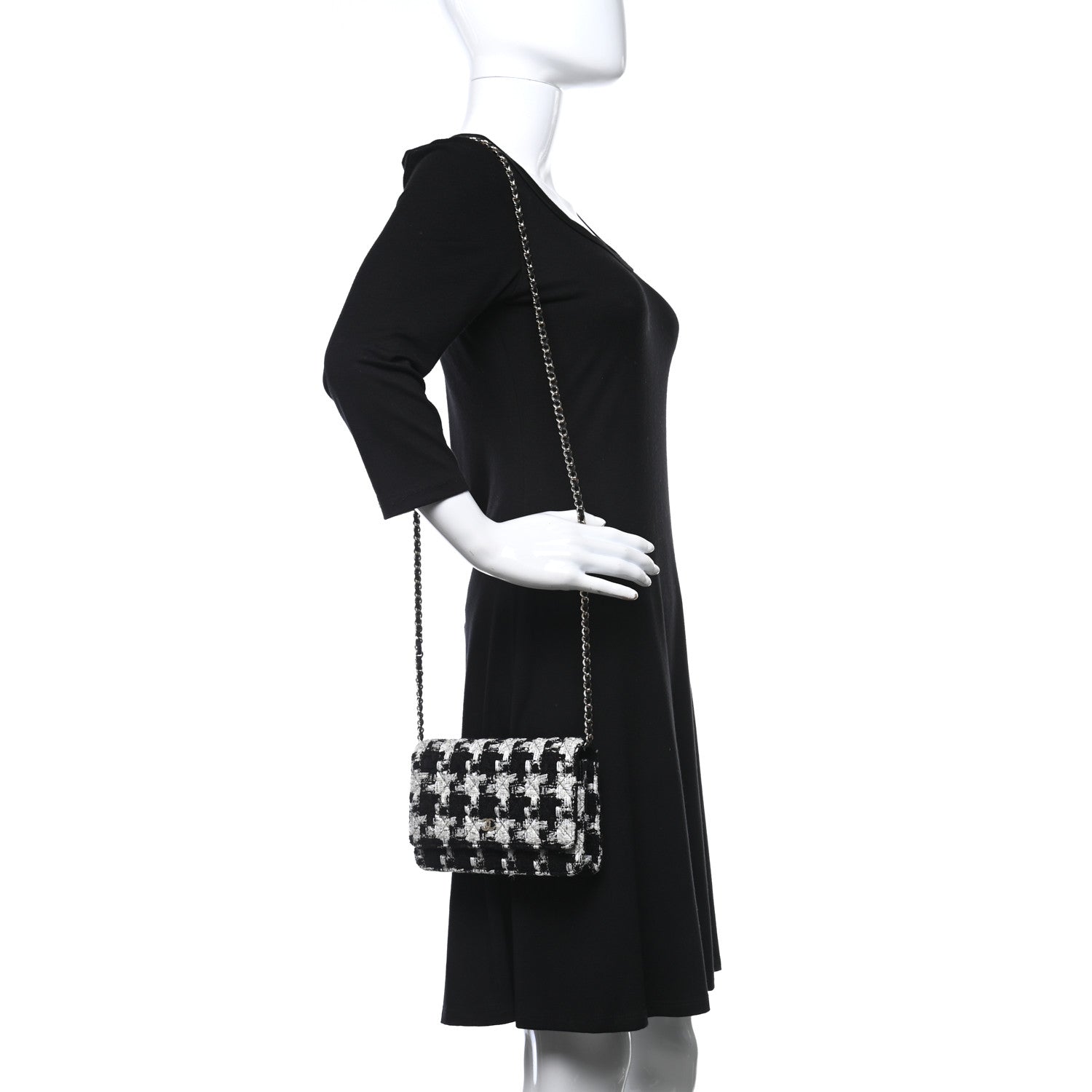 Chanel Tweed Quilted Wallet On Chain WOC Black Ecru White 2 of 9