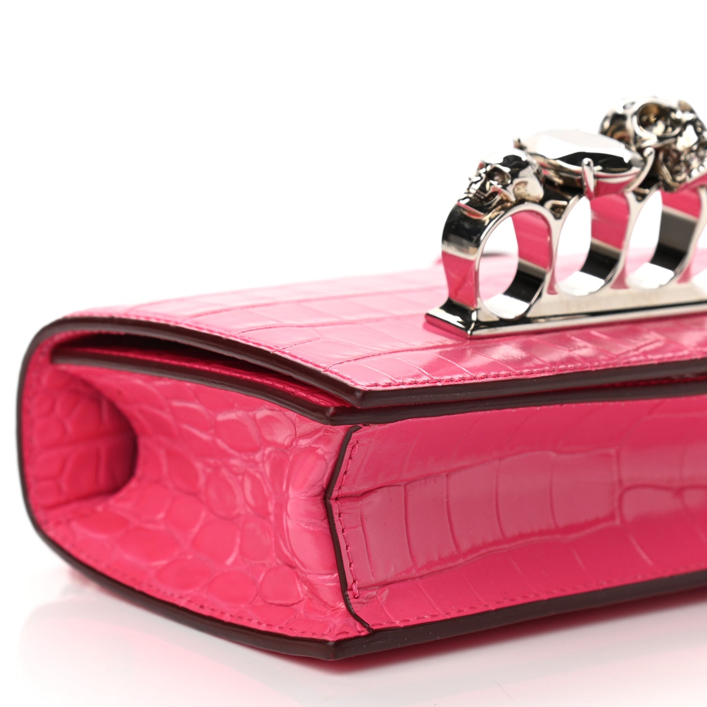 Shiny Crocodile Embossed Jeweled Satchel Peony Pink