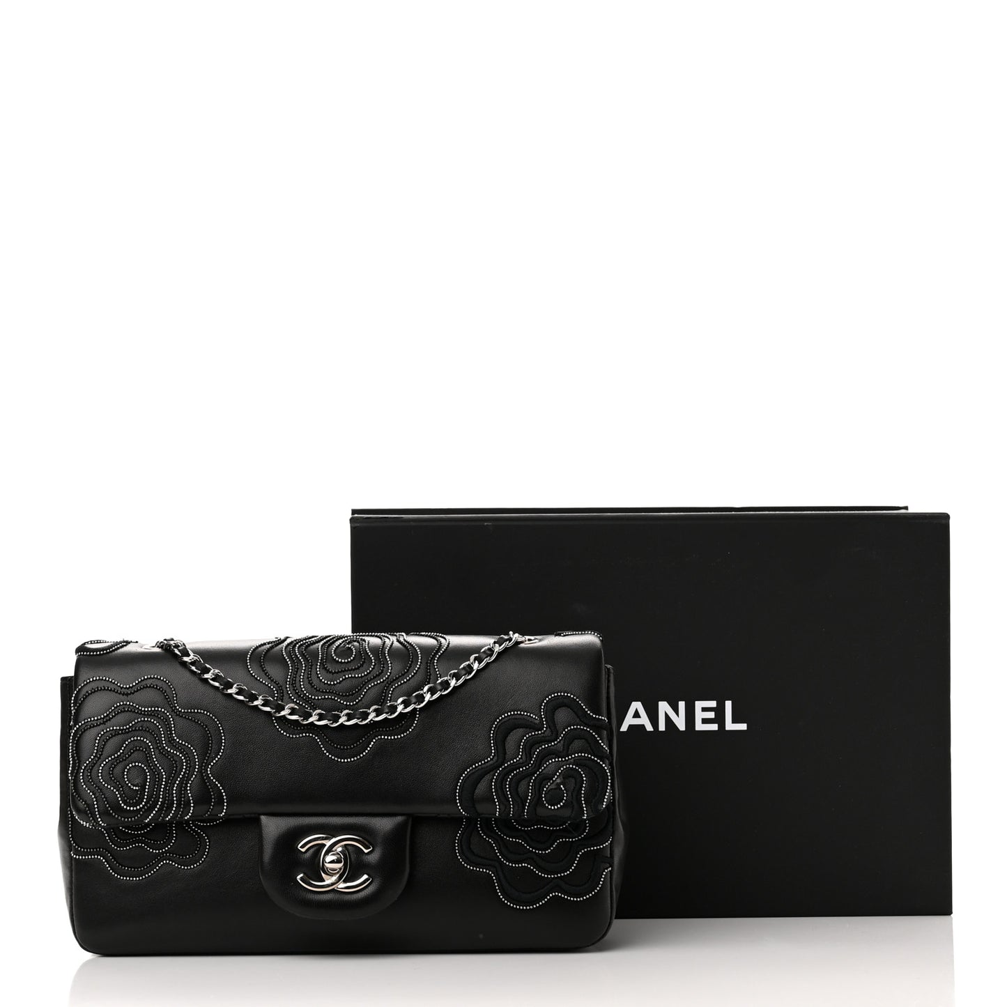 Lambskin Embroidered Camellia Follies Flap Black