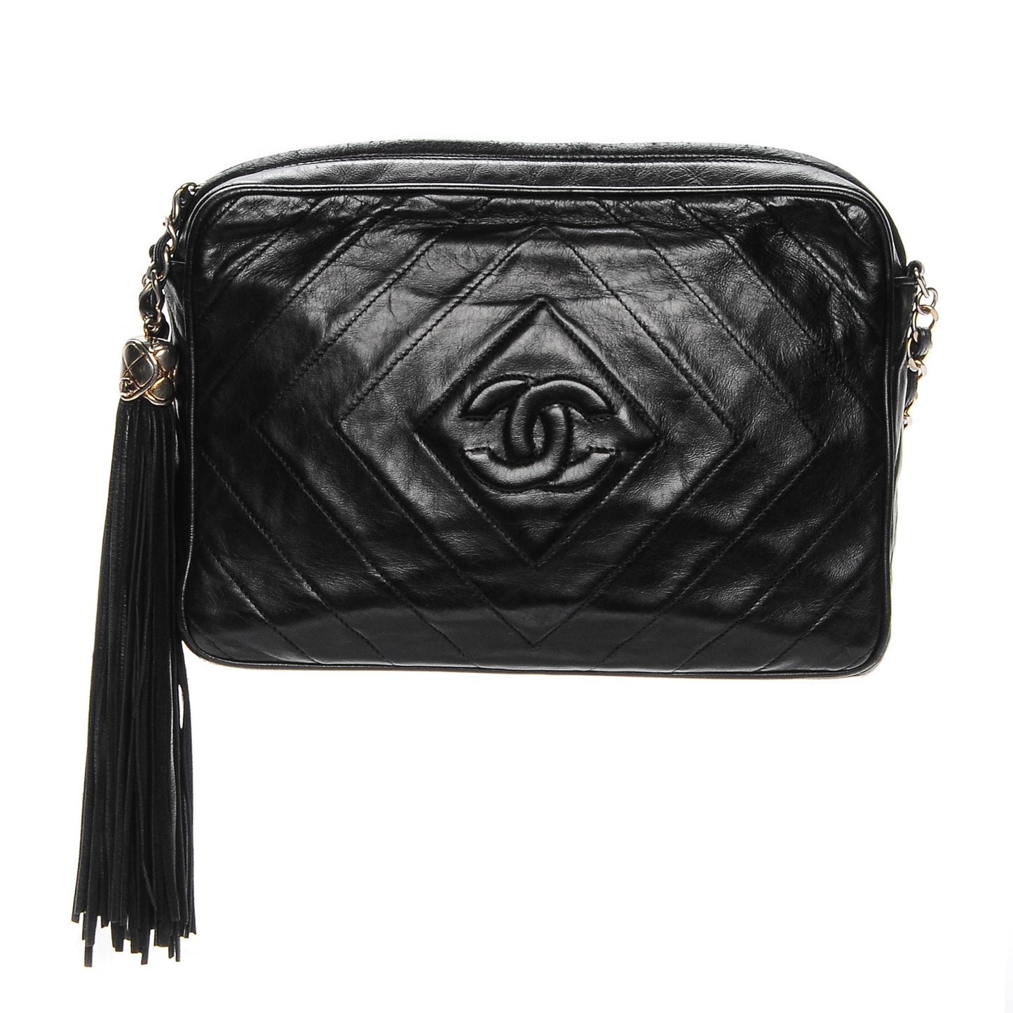 Lambskin Chevron Tassel Camera Case Black