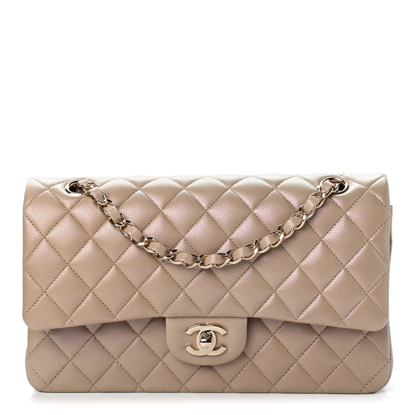 Iridescent Caviar Quilted Medium Double Flap Dark Beige
