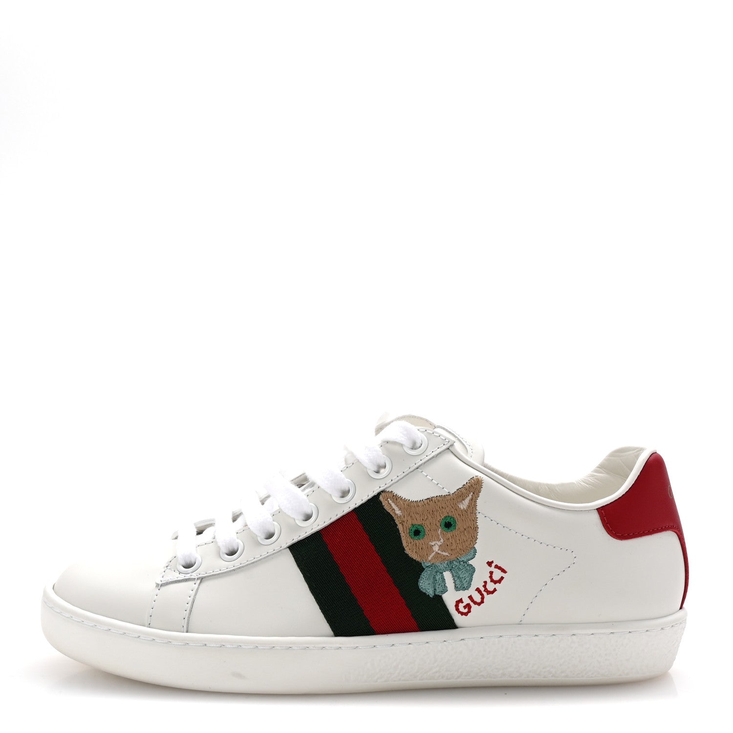 Gucci Calfskin Cat Embroidered Womens Ace Sneakers 35 White Green 1 of 10
