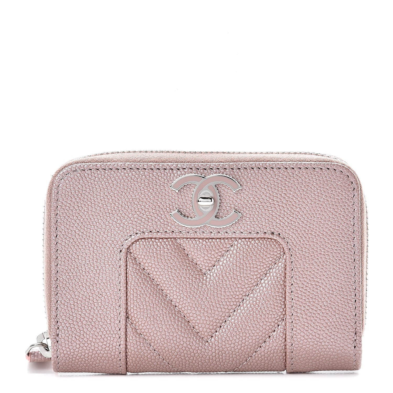 Chanel Metallic Caviar Chevron Quilted Vintage Mademoiselle Zip Coin Purse Pink 1 of 8