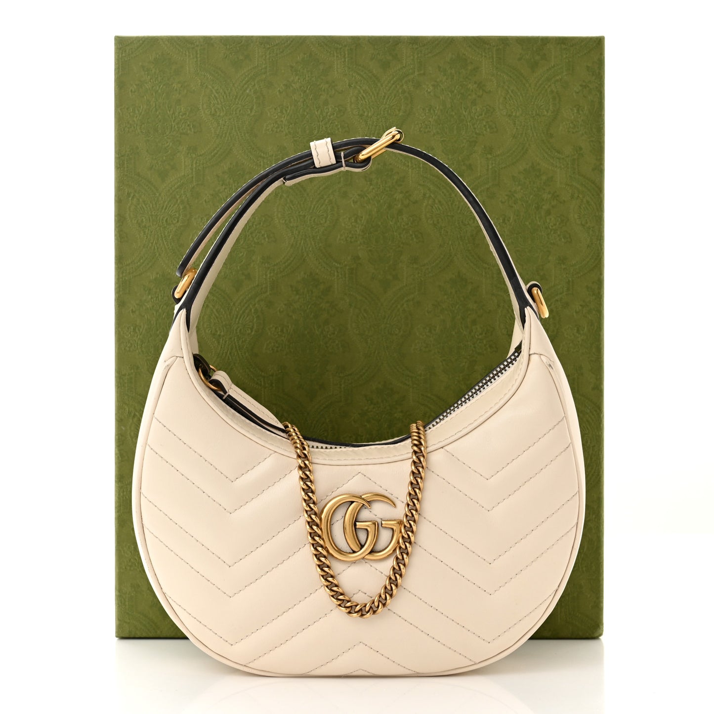 Calfskin Matelasse Chevron Mini GG Marmont Half Moon Hobo Mystic White