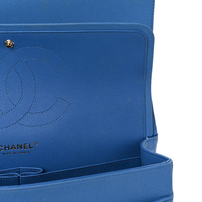 Chanel Caviar Flat Chevron Quilted Jumbo Double Flap Blue 12 of 19